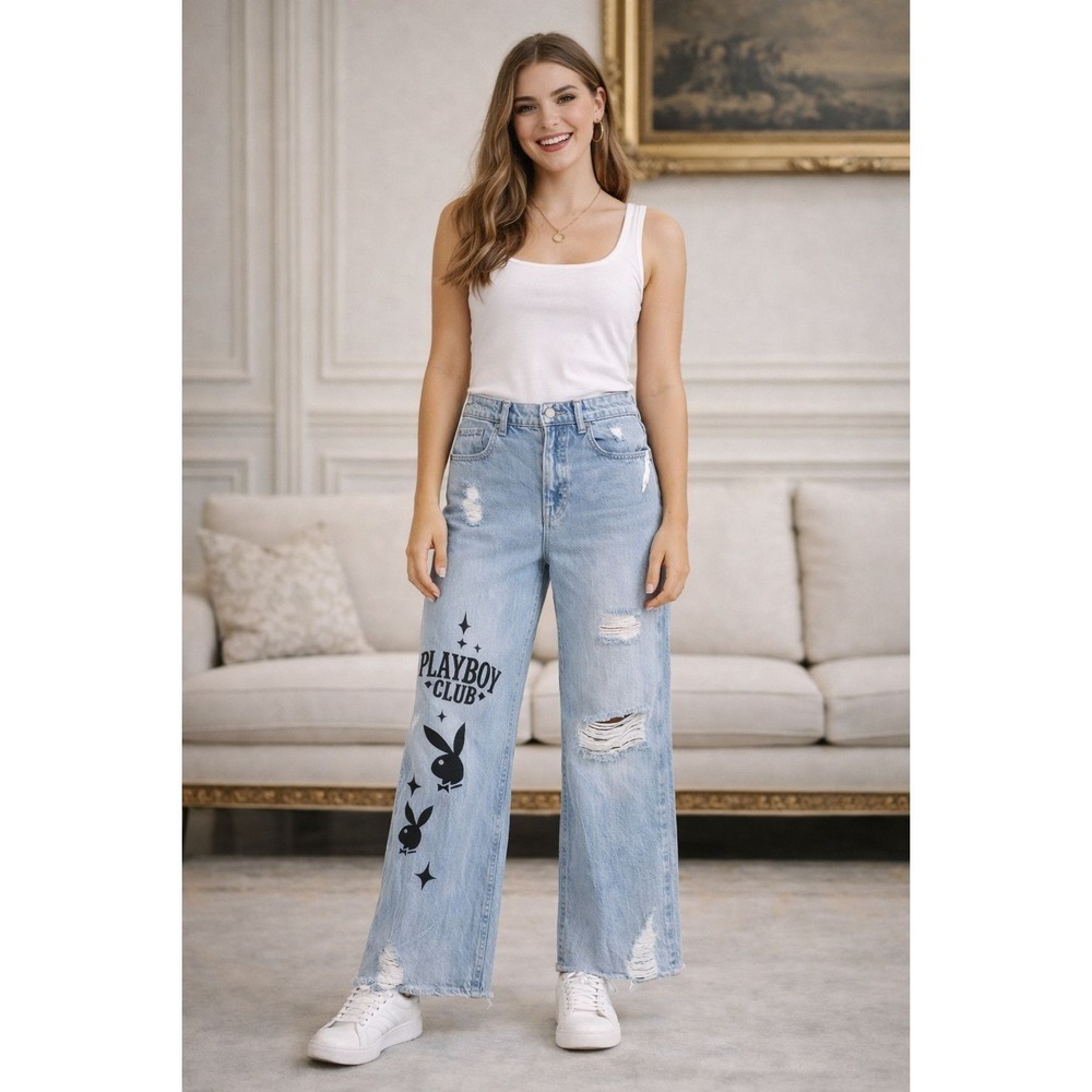 PLAYBOY Club Pacsun NWOT Jeans‎ Women 26 Distressed Wide Leg Graphic Bunny Denim